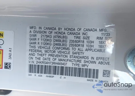 2024 Honda Cr-V Ex-L Awd из США, поврежденный, VIN 2HKRS4H73RH445407